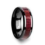 Load image into Gallery viewer, Mens Black Ceramic Purple Heart Wood Inlaid Wedding Ring - Beveled Comfort Fit - 8mm Wide - Style name: MORADO

