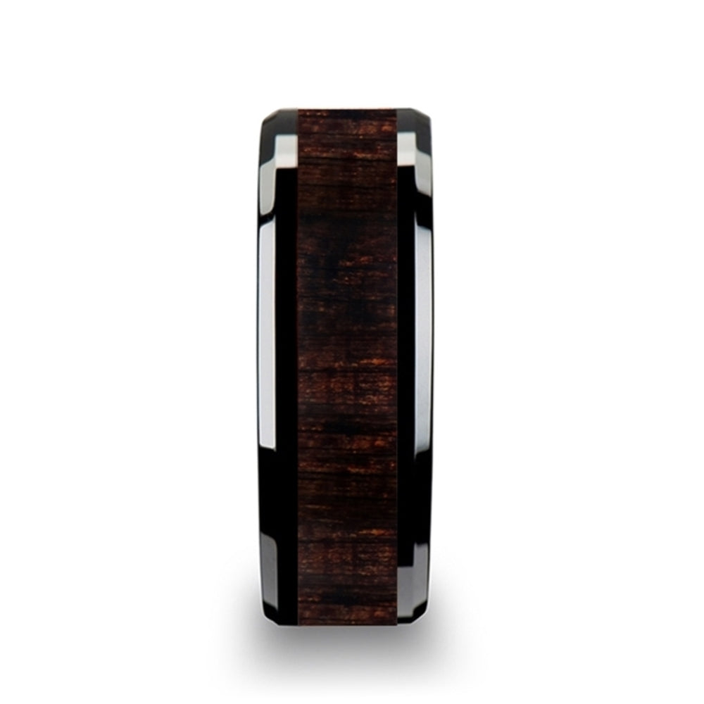 Mens Black Ceramic Black Ebony Wood Inlaid Wedding Ring - Beveled Edged Comfort Fit - 8mm Wide - Style name: UMBRA