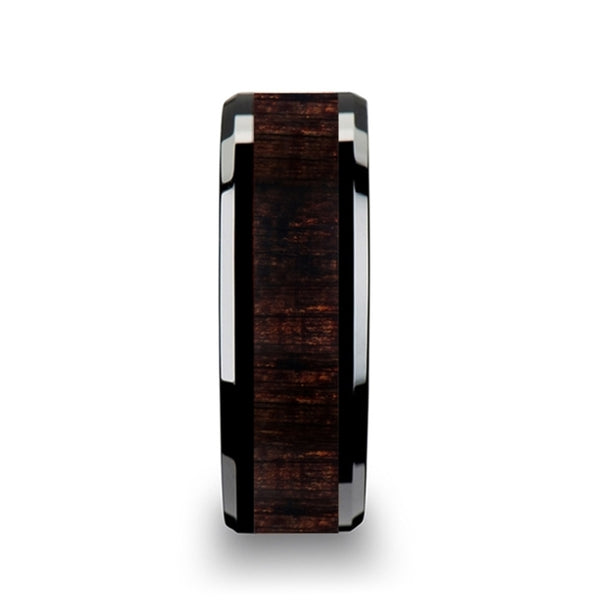 Mens Black Ceramic Black Ebony Wood Inlaid Wedding Ring - Beveled Edged Comfort Fit - 8mm Wide - Style name: UMBRA
