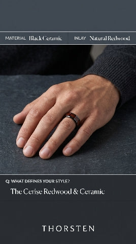 Mens Black Ceramic Redwood Inlaid Wedding Ring - Beveled Edges Comfort Fit - 8mm Wide - Style name: CERISE