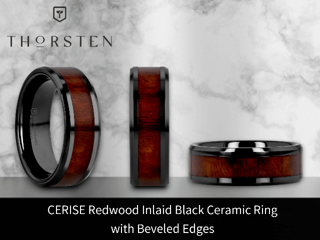 Mens Black Ceramic Redwood Inlaid Wedding Ring - Beveled Edges Comfort Fit - 8mm Wide - Style name: CERISE