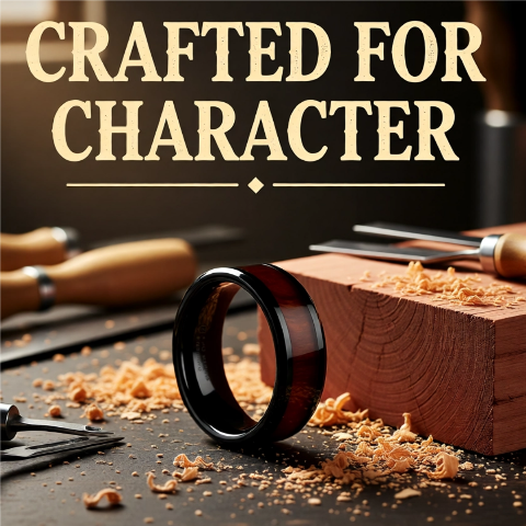 Mens Black Ceramic Redwood Inlaid Wedding Ring - Beveled Edges Comfort Fit - 8mm Wide - Style name: CERISE