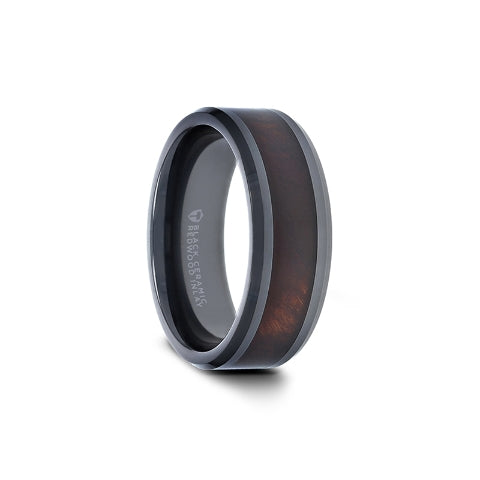 Mens Black Ceramic Redwood Inlaid Wedding Ring - Beveled Edges Comfort Fit - 8mm Wide - Style name: CERISE