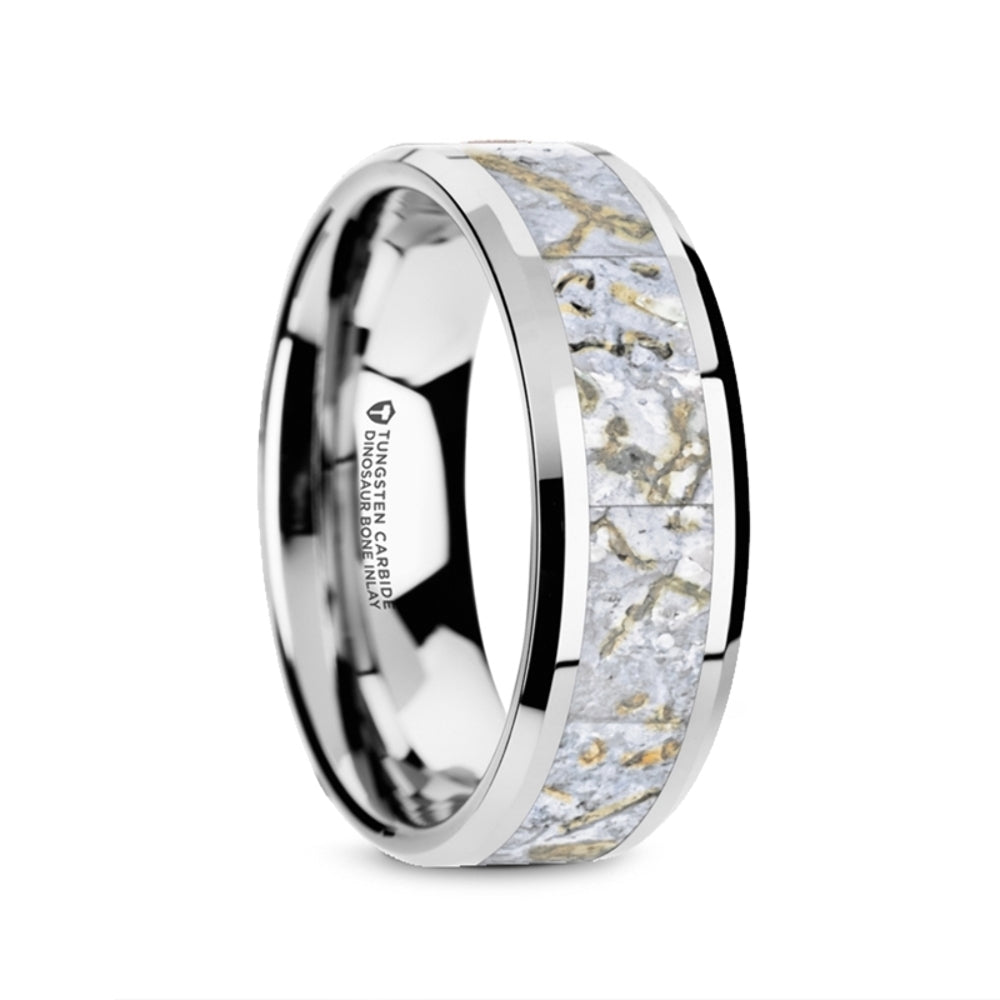 Mens Tungsten Carbide Dinosaur Bone Inlaid White Wedding Ring - Flat Beveled Comfort Fit - 4mm 8mm Wide - Style name: MESOZOIC