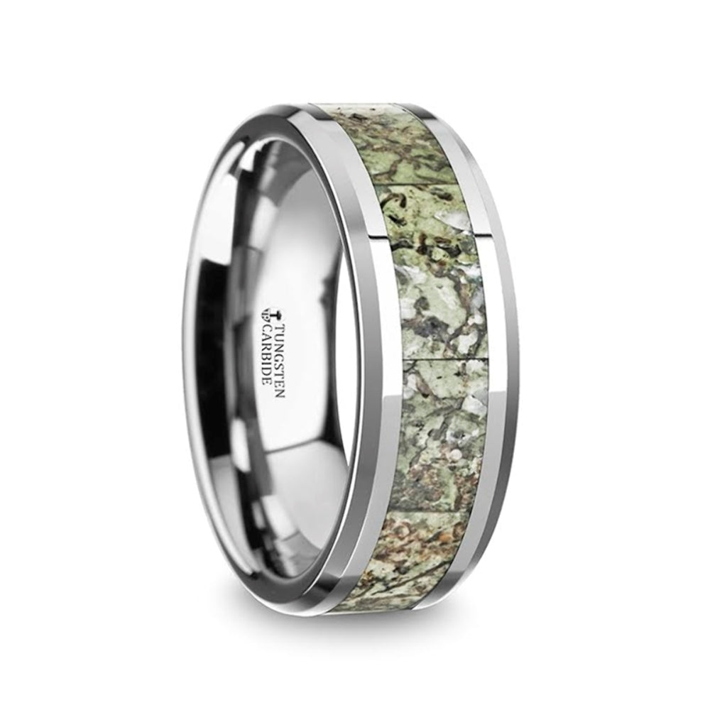 Mens Tungsten Green Dinosaur Bone Inlay Wedding Ring - Beveled Comfort Fit - 8mm Wide - Style name: TARGARYEN
