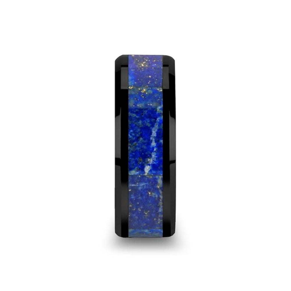 Mens Black Ceramic Blue Lapis Inlay Wedding Ring - Polished Beveled Comfort Fit - 8mm Wide - Style name: MARLOW