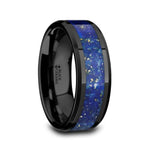Load image into Gallery viewer, Mens Black Ceramic Blue Lapis Inlay Wedding Ring - Polished Beveled Comfort Fit - 8mm Wide - Style name: MARLOW
