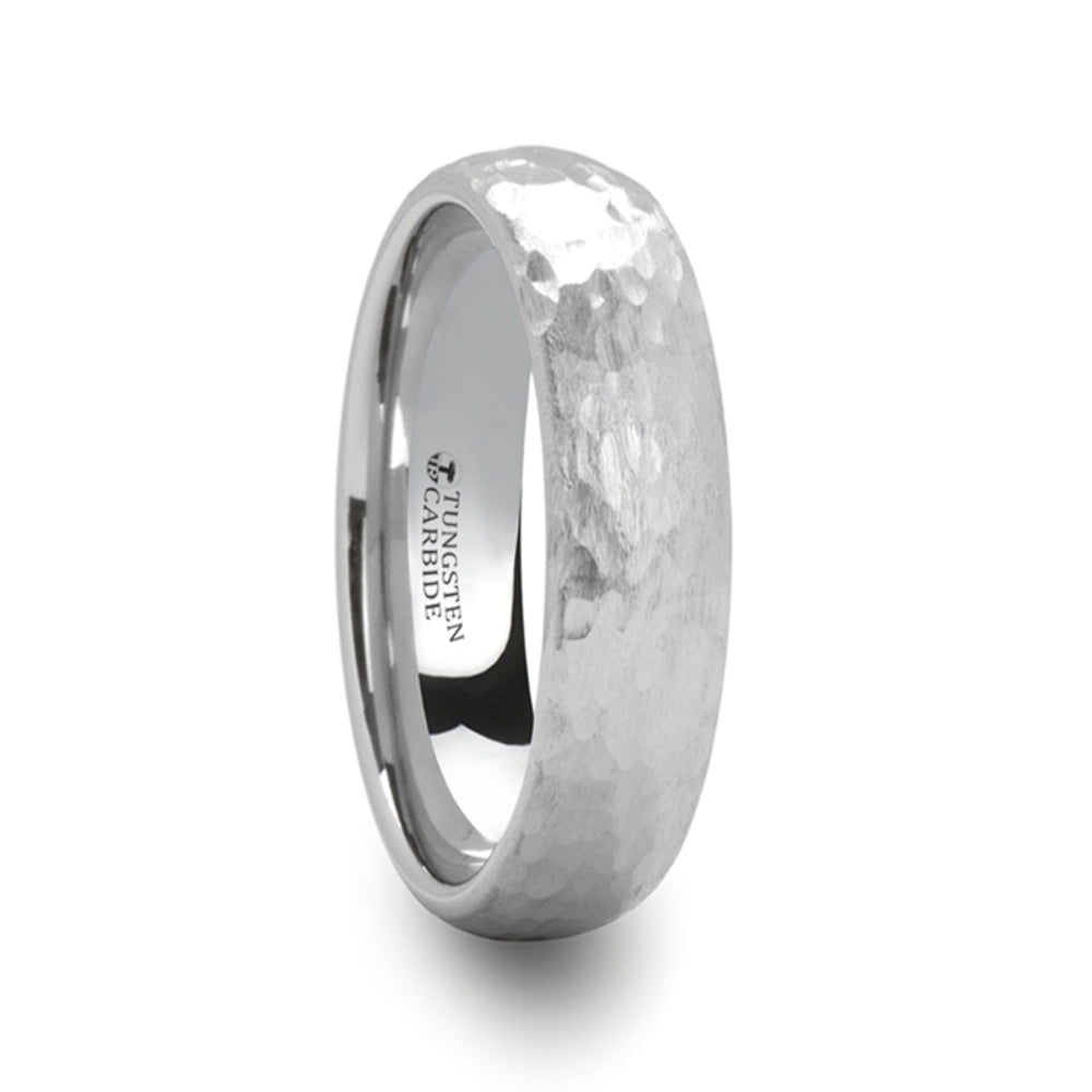 Mens White Tungsten Hammered Finish Wedding Ring - Domed Comfort Fit - 6mm 8mm Wide - Style name: CHANDLER