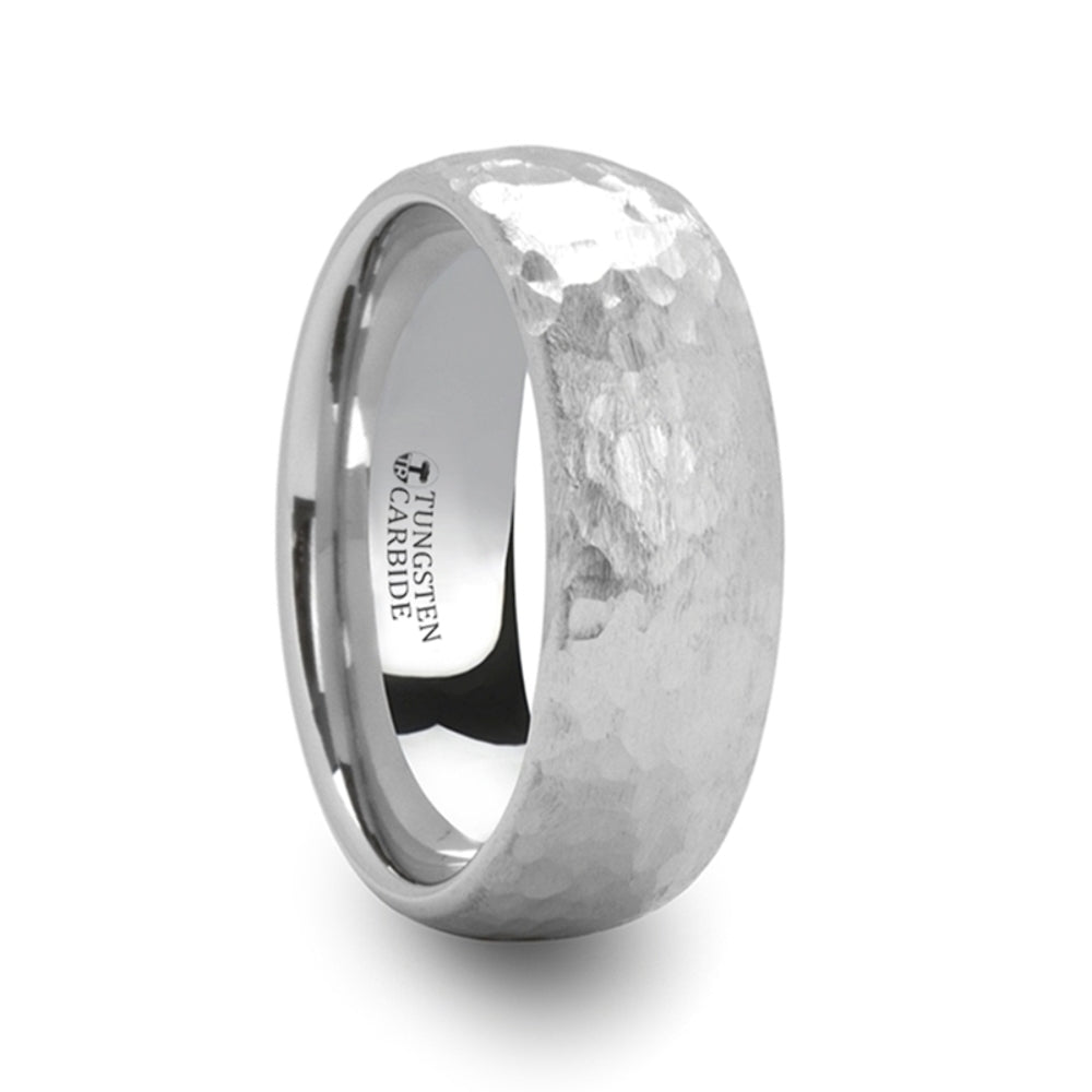 Mens White Tungsten Hammered Finish Wedding Ring - Domed Comfort Fit - 6mm 8mm Wide - Style name: CHANDLER