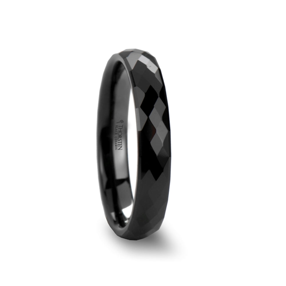 Mens Black Ceramic 288 Diamond Faceted Wedding Ring - Polished Comfort Fit - 4mm 6mm 8mm Wide - Style name: DRACO