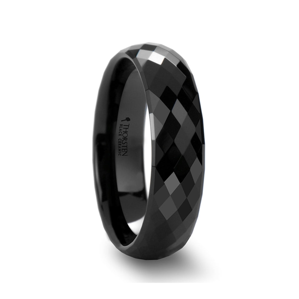 Mens Black Ceramic 288 Diamond Faceted Wedding Ring - Polished Comfort Fit - 4mm 6mm 8mm Wide - Style name: DRACO
