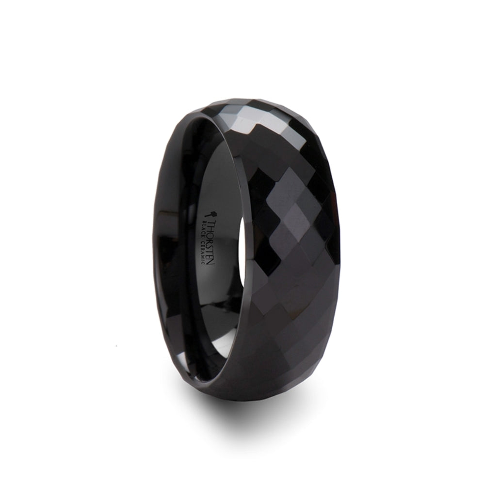 Mens Black Ceramic 288 Diamond Faceted Wedding Ring - Polished Comfort Fit - 4mm 6mm 8mm Wide - Style name: DRACO