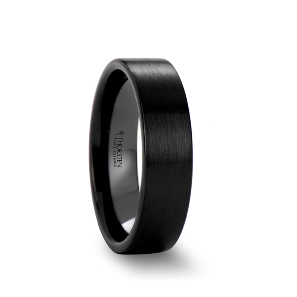 Mens Black Ceramic Flat Pipe Cut Wedding Ring - Brushed Comfort Fit - 4mm 6mm 8mm 10mm 12mm Wide - Style name: DRAKON