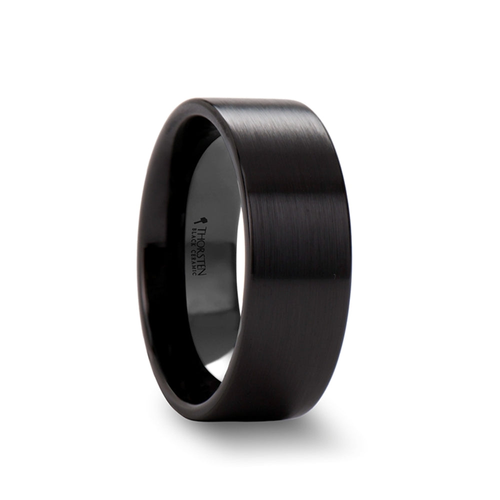 Mens Black Ceramic Flat Pipe Cut Wedding Ring - Brushed Comfort Fit - 4mm 6mm 8mm 10mm 12mm Wide - Style name: DRAKON