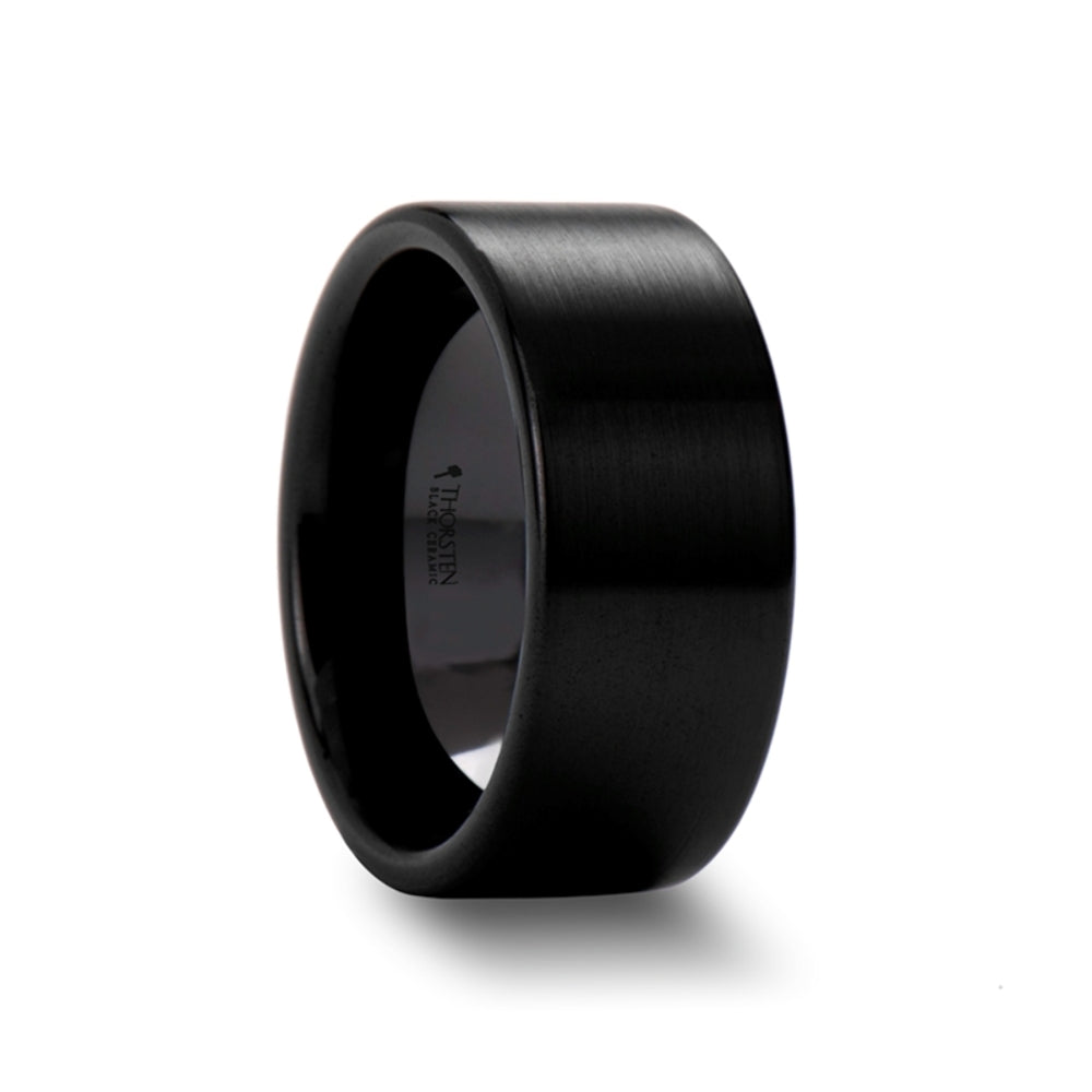 Mens Black Ceramic Flat Pipe Cut Wedding Ring - Brushed Comfort Fit - 4mm 6mm 8mm 10mm 12mm Wide - Style name: DRAKON