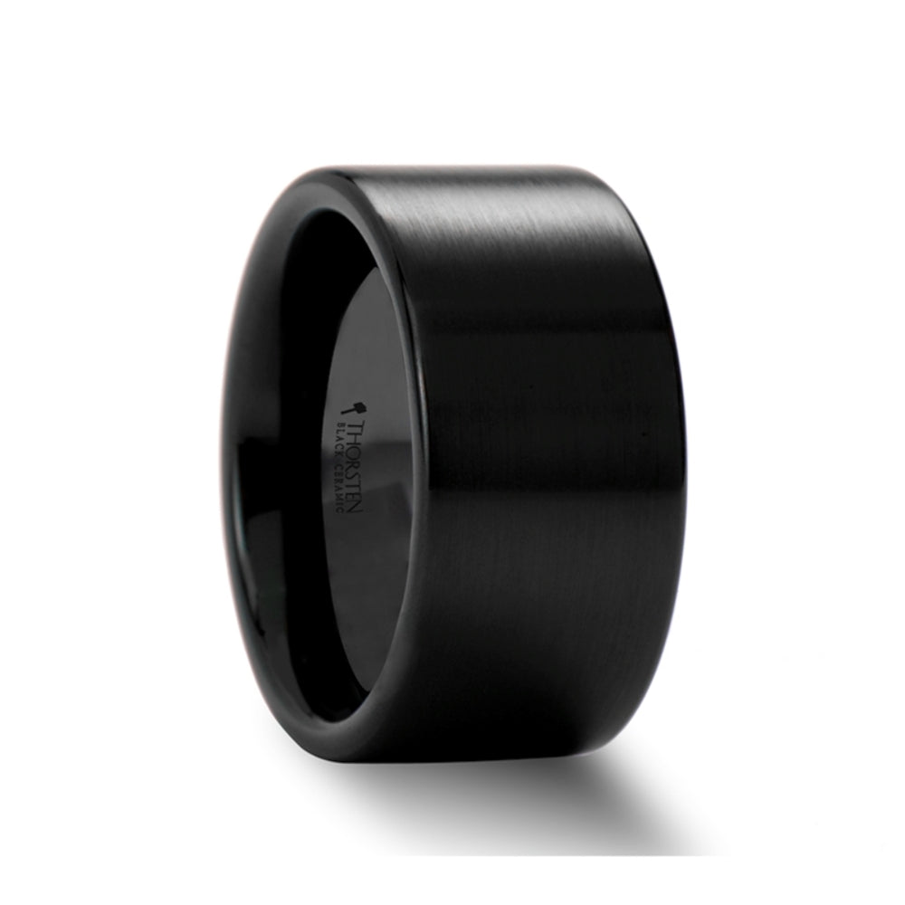 Mens Black Ceramic Flat Pipe Cut Wedding Ring - Brushed Comfort Fit - 4mm 6mm 8mm 10mm 12mm Wide - Style name: DRAKON