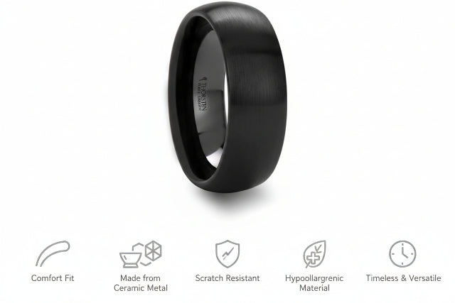Mens Black Ceramic Domed Wedding Ring - Brush Finished Comfort Fit - 2mm 4mm 6mm 8mm 10mm 12mm Wide - Style name: ATTOR