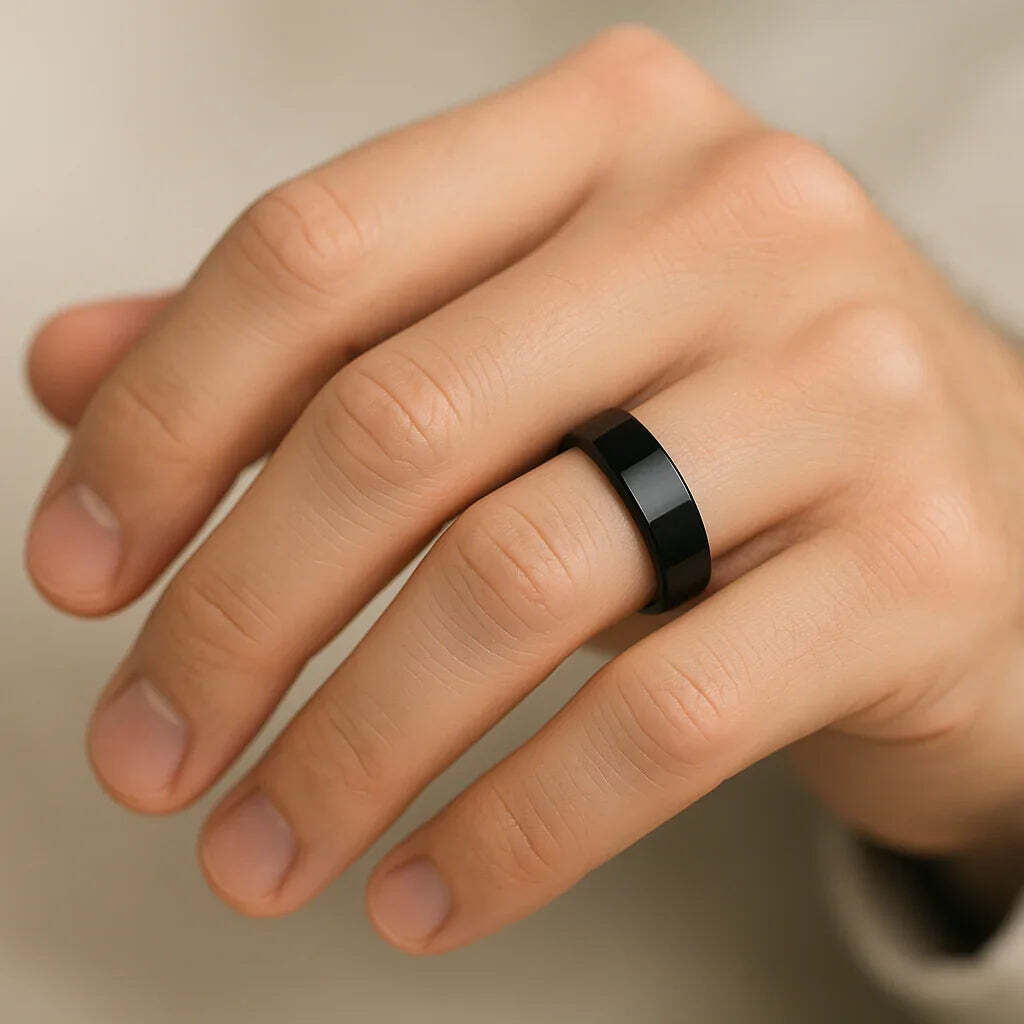 Mens Black Ceramic Flat Wedding Ring - Polish Finished Comfort Fit - 2mm 4mm 6mm 8mm 10mm 12mm Wide - Style name: FRAENER