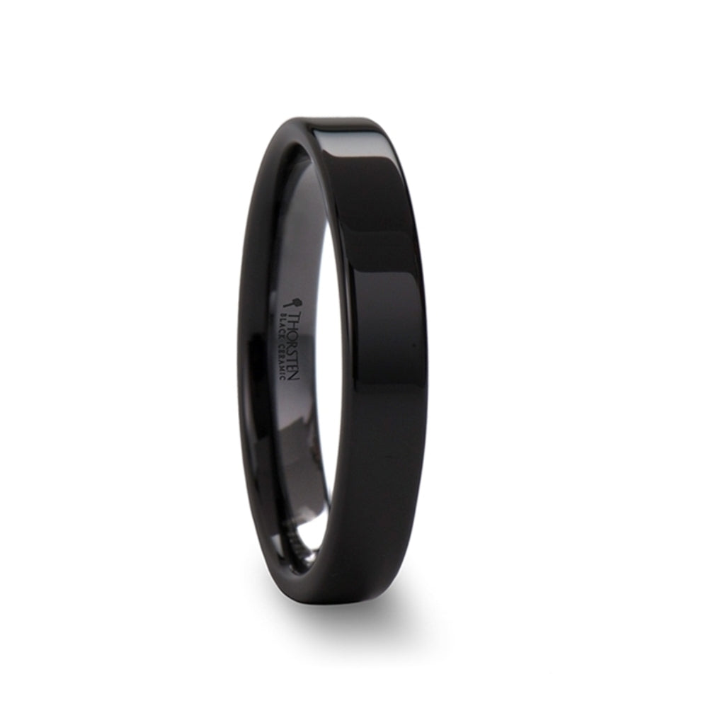 Mens Black Ceramic Flat Wedding Ring - Polish Finished Comfort Fit - 2mm 4mm 6mm 8mm 10mm 12mm Wide - Style name: FRAENER