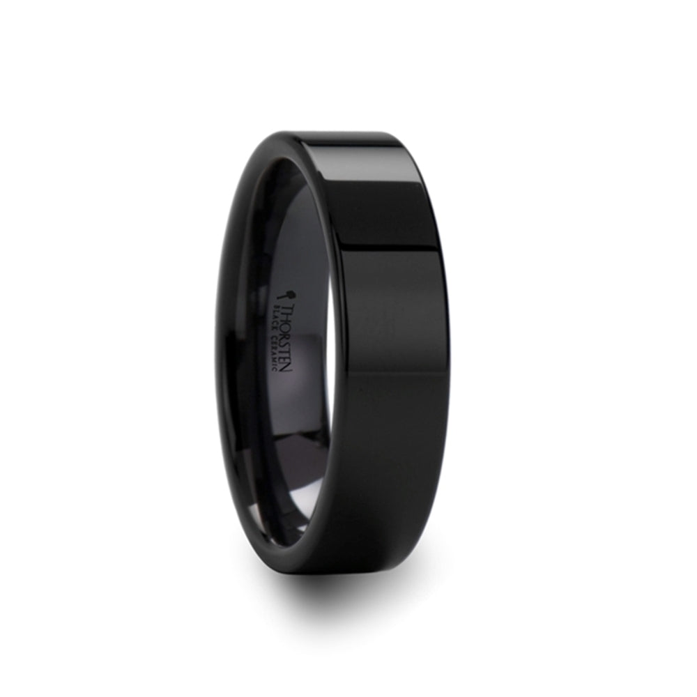 Mens Black Ceramic Flat Wedding Ring - Polish Finished Comfort Fit - 2mm 4mm 6mm 8mm 10mm 12mm Wide - Style name: FRAENER