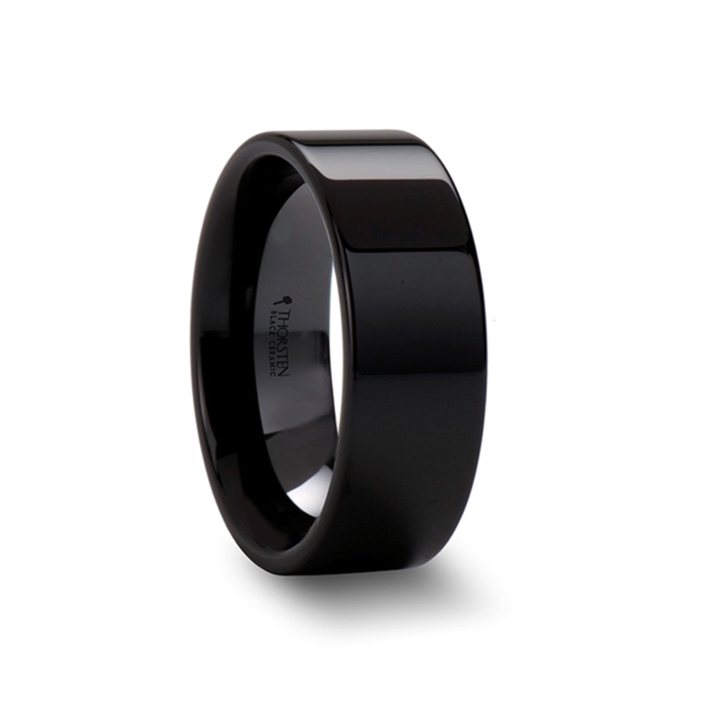 Mens Black Ceramic Flat Wedding Ring - Polish Finished Comfort Fit - 2mm 4mm 6mm 8mm 10mm 12mm Wide - Style name: FRAENER