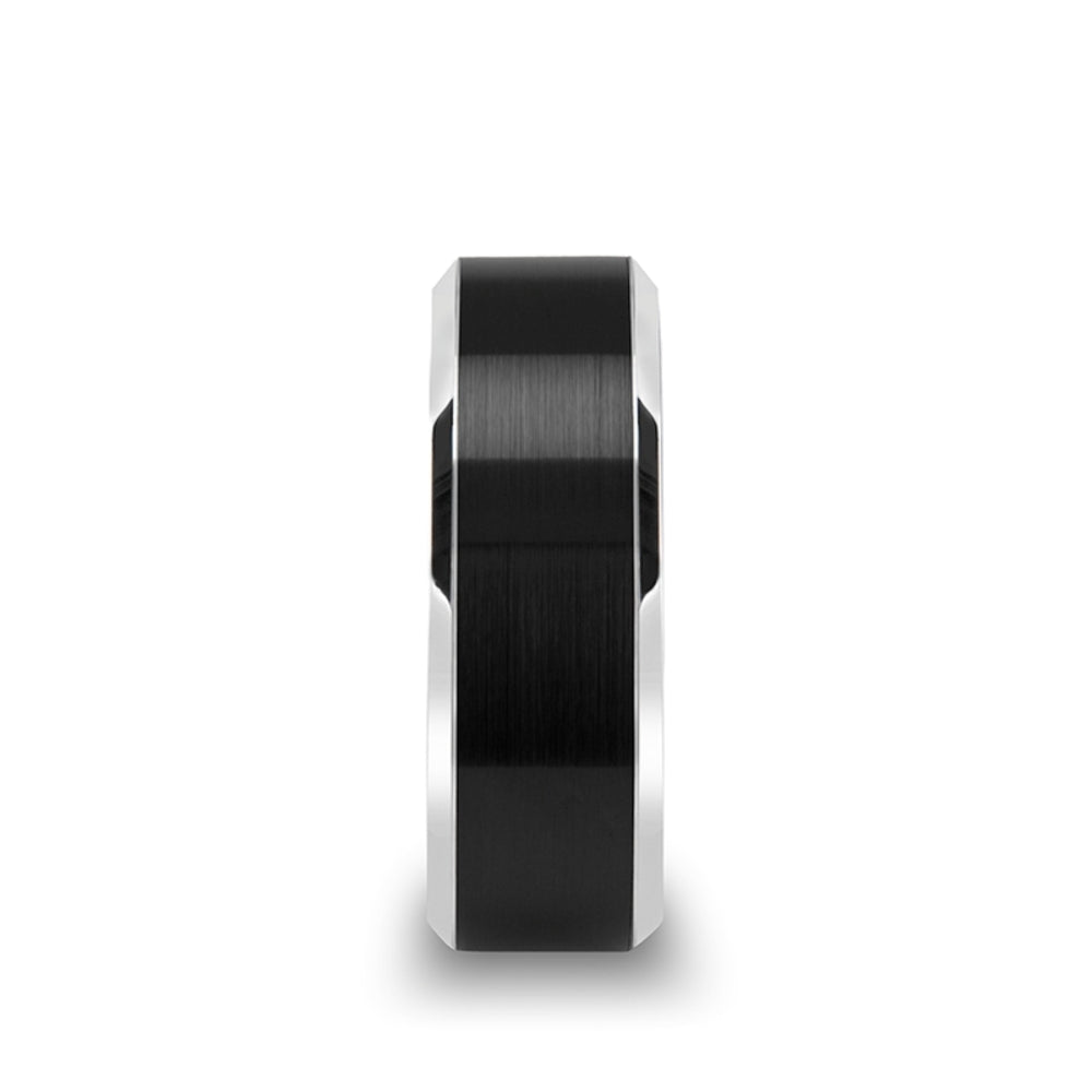 Mens Tungsten Carbide Brushed Finish Black Ceramic Center Wedding Ring - Beveled Comfort Fit - 6mm 8mm Wide - Style name: ARDEN