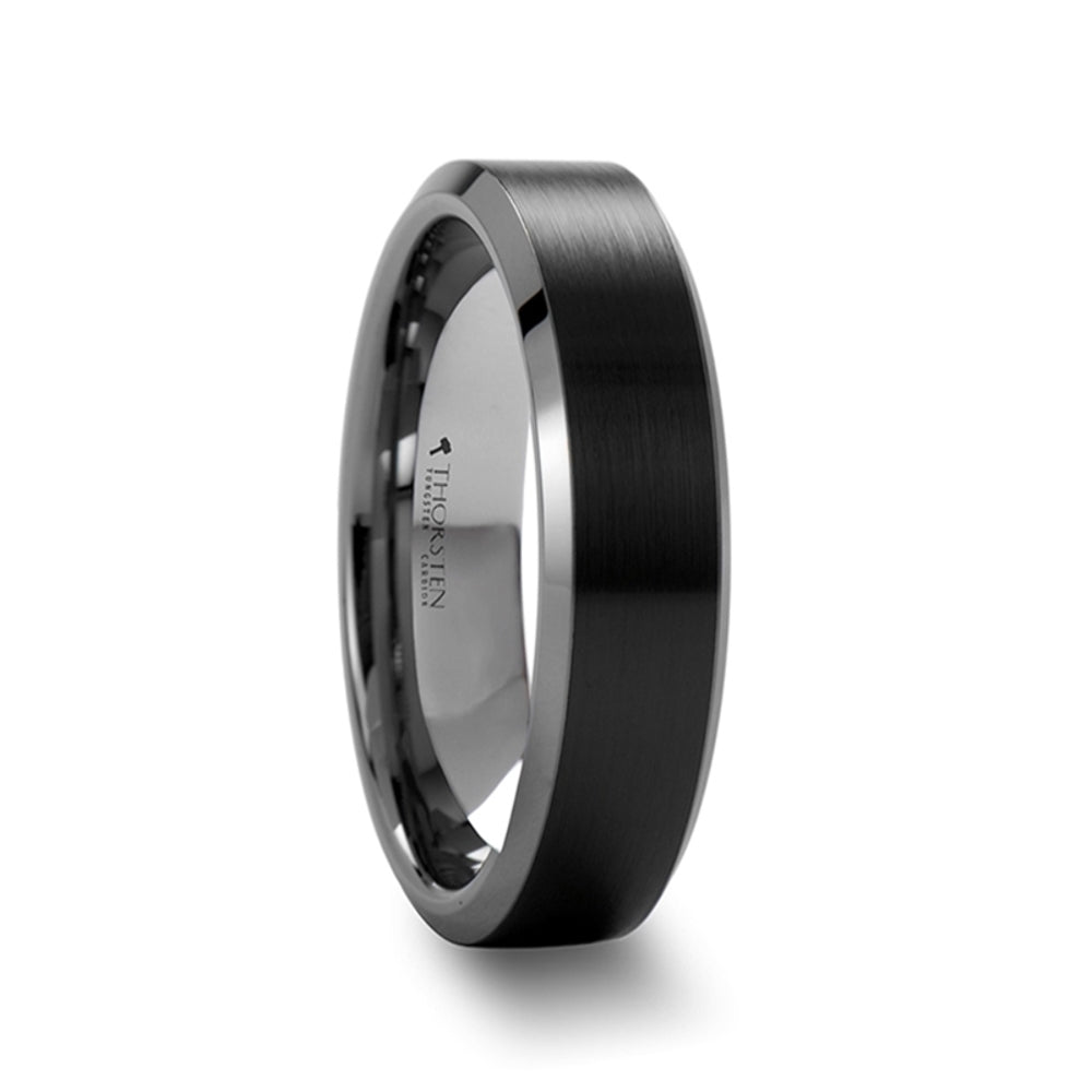 Mens Tungsten Carbide Brushed Finish Black Ceramic Center Wedding Ring - Beveled Comfort Fit - 6mm 8mm Wide - Style name: ARDEN