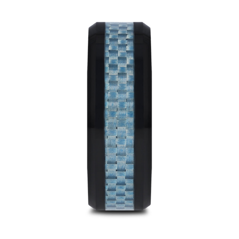 Mens Black Ceramic Blue Carbon Fiber Inlaid Wedding Ring - Beveled Comfort Fit - 8mm Wide - Style name: ATTICUS