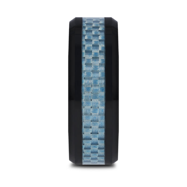 Mens Black Ceramic Blue Carbon Fiber Inlaid Wedding Ring - Beveled Comfort Fit - 8mm Wide - Style name: ATTICUS