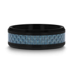 Load image into Gallery viewer, Mens Black Ceramic Blue Carbon Fiber Inlaid Wedding Ring - Beveled Comfort Fit - 8mm Wide - Style name: ATTICUS
