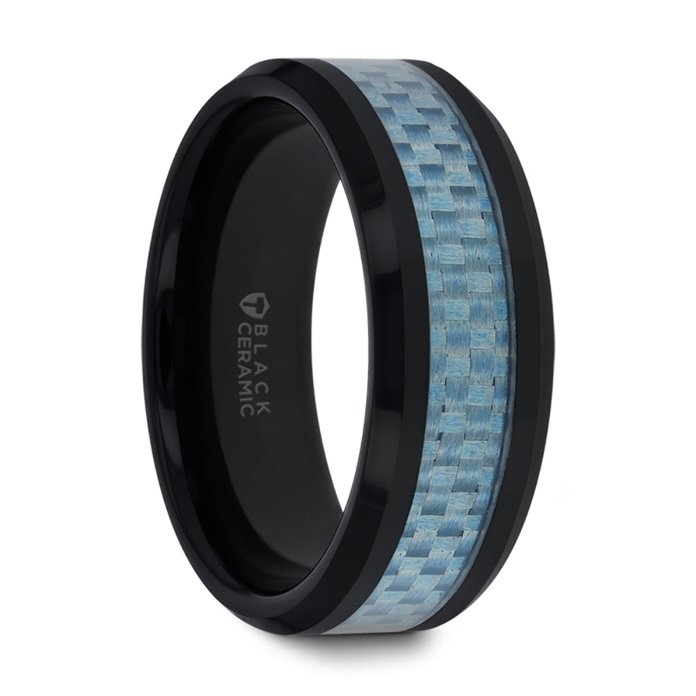 Mens Black Ceramic Blue Carbon Fiber Inlaid Wedding Ring - Beveled Comfort Fit - 8mm Wide - Style name: ATTICUS