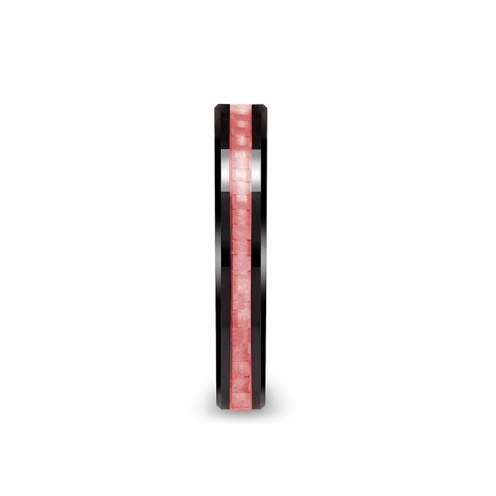 Mens Black Ceramic Pink Carbon Fiber Inlay Wedding Ring - Beveled Comfort Fit - 4mm 6mm Wide - Style name: ROSA