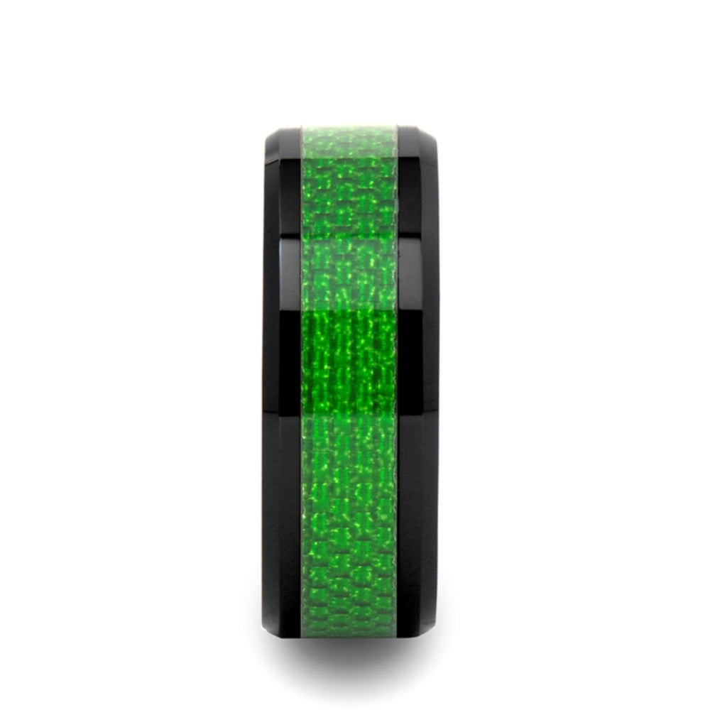 Mens Black Ceramic Emerald Green Carbon Fiber Inlay Wedding Ring - Beveled Comfort Fit - 8mm Wide - Style name: MATLAL