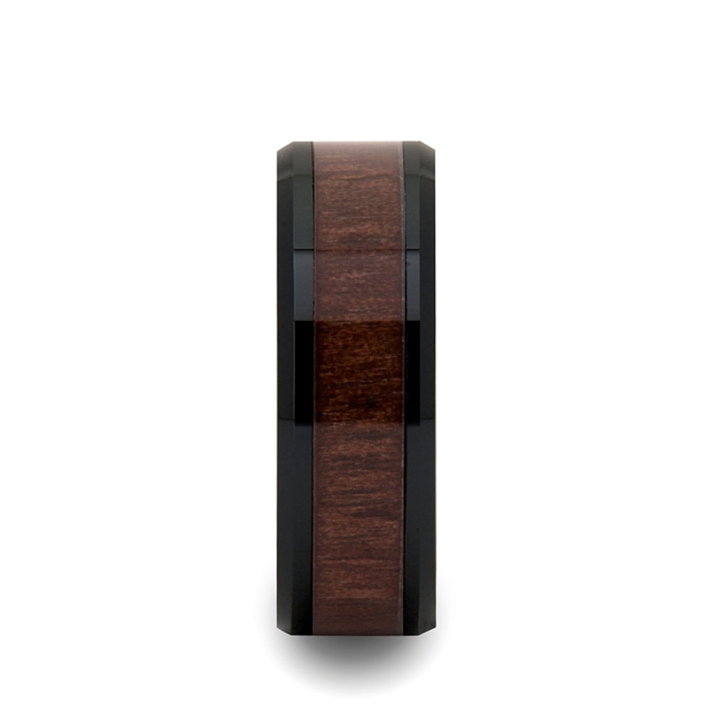 Mens Black Ceramic Black Walnut Wood Inlay Wedding Ring - Beveled Comfort Fit - 4mm 6mm 7mm 8mm 10mm 12mm Wide - Style name: YUKON
