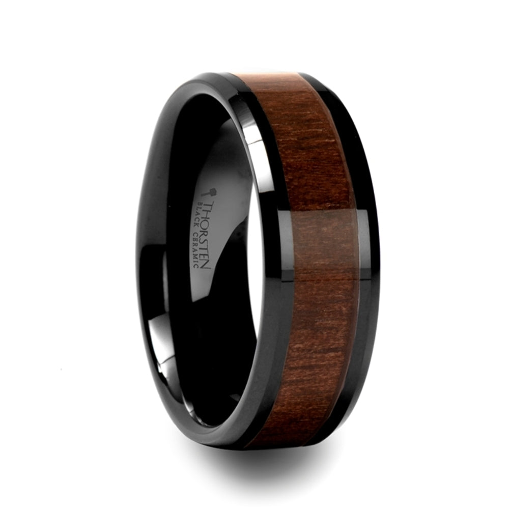 Mens Black Ceramic Black Walnut Wood Inlay Wedding Ring - Beveled Comfort Fit - 4mm 6mm 7mm 8mm 10mm 12mm Wide - Style name: YUKON