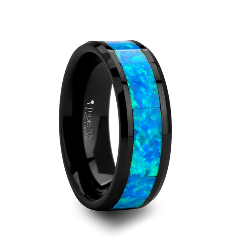 Mens Black Ceramic Blue Green Opal Inlay Wedding Ring - Polished Comfort Fit - 4mm 6mm 8mm 10mm Wide - Style name: QUANTUM