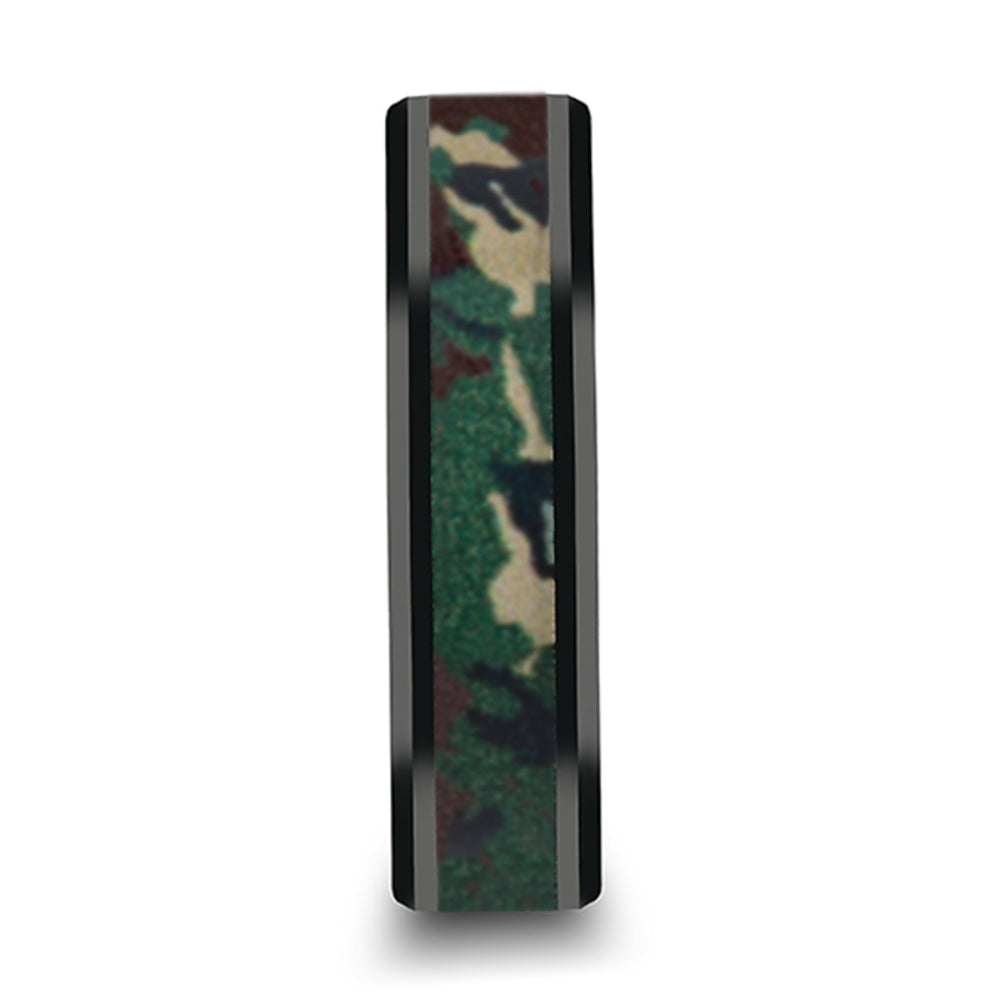 Mens Black Ceramic Real Military Style Jungle Camo Wedding Ring Band- Beveled Comfort Fit - 6mm 8mm 10mm Wide - Style name: RANGER