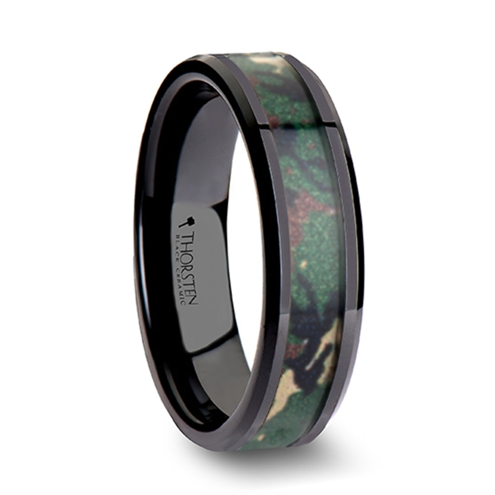 Mens Black Ceramic Real Military Style Jungle Camo Wedding Ring Band- Beveled Comfort Fit - 6mm 8mm 10mm Wide - Style name: RANGER