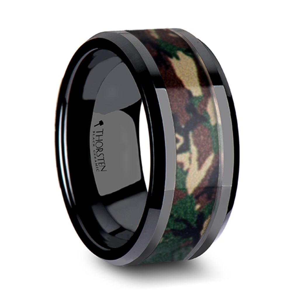 Mens Black Ceramic Real Military Style Jungle Camo Wedding Ring Band- Beveled Comfort Fit - 6mm 8mm 10mm Wide - Style name: RANGER