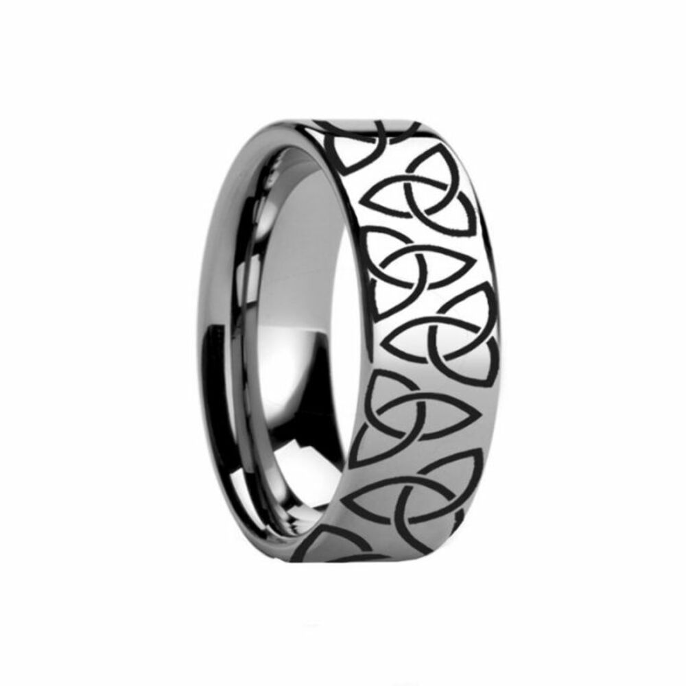 Mens Womens Tungsten Triquetra Celtic Trinity Wedding Ring - Flat Polished Comfort Fit - 4mm 6mm 8mm 10mm 12mm Wide - Style name: Patterns