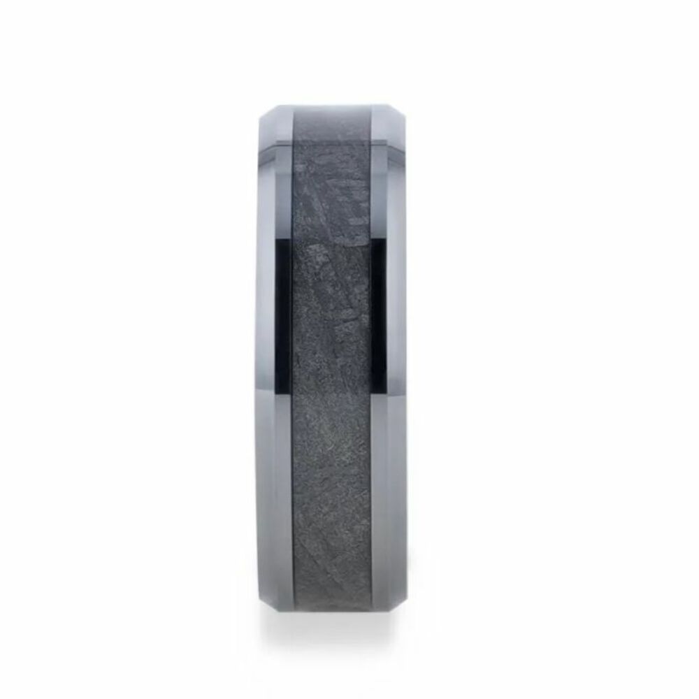 Mens Tungsten Carbide Flat Meteorite Inlay Beveled Edged Wedding Ring - 8mm Wide - Style name: CELESTIAL