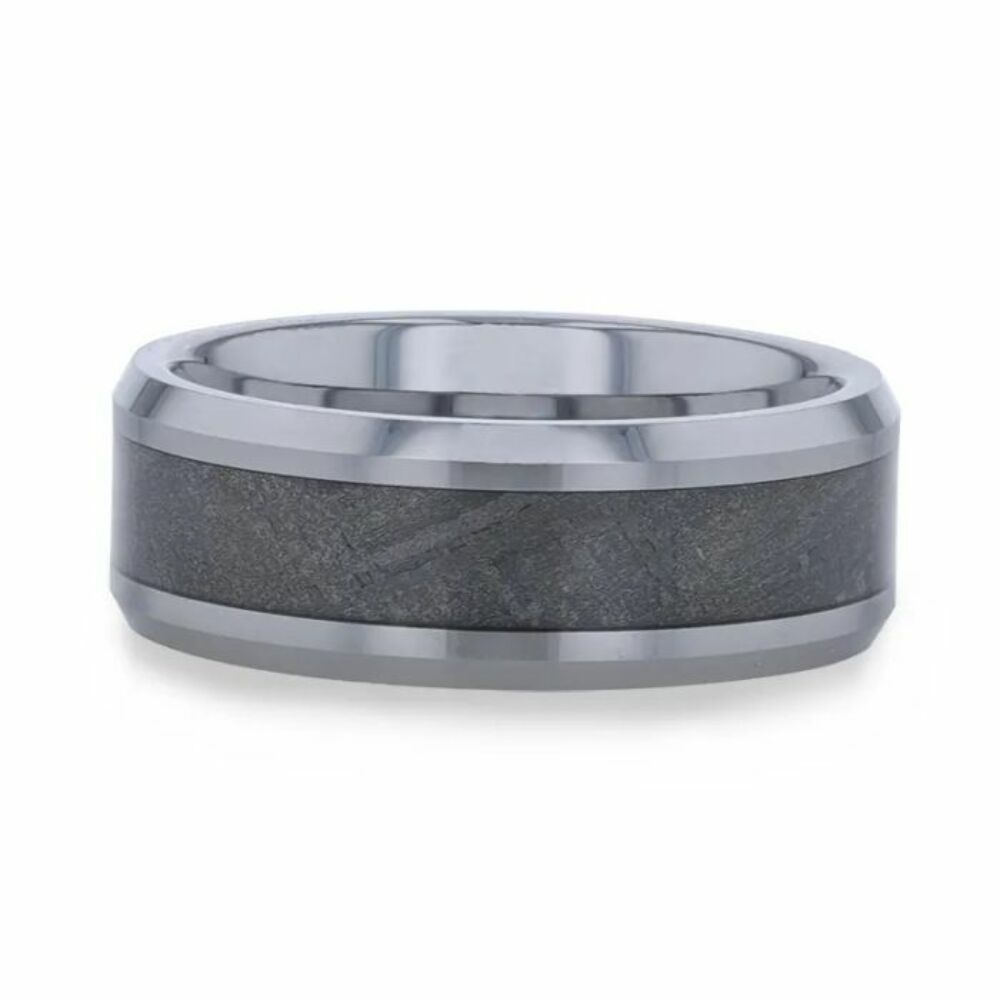 Mens Tungsten Carbide Flat Meteorite Inlay Beveled Edged Wedding Ring - 8mm Wide - Style name: CELESTIAL