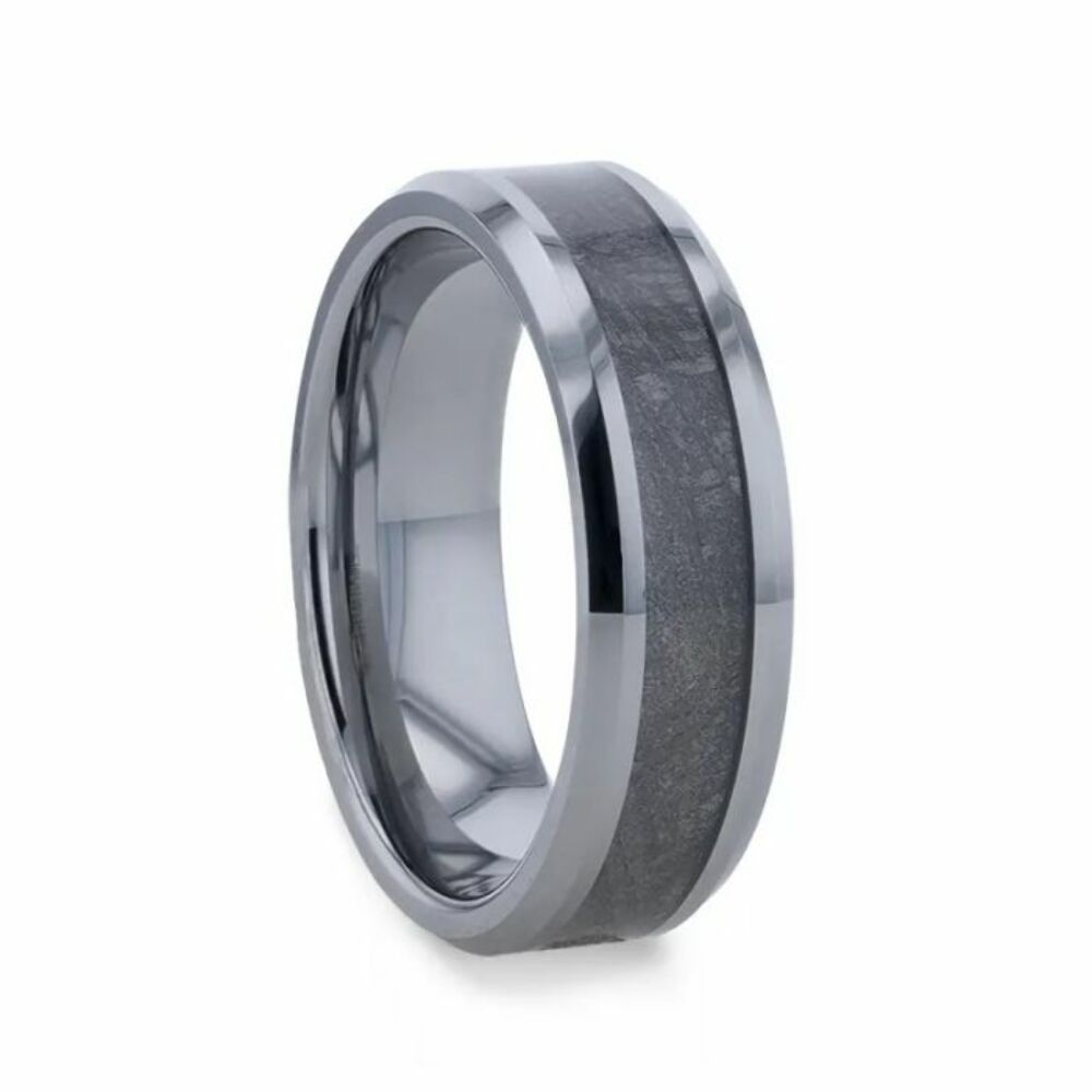 Mens Tungsten Carbide Flat Meteorite Inlay Beveled Edged Wedding Ring - 8mm Wide - Style name: CELESTIAL