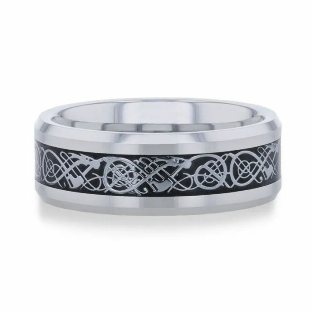 Mens Tungsten Carbide Metal Swirl Dragon Inlay Beveled Wedding Ring - 8mm Wide - Style name: SEPTARIAN