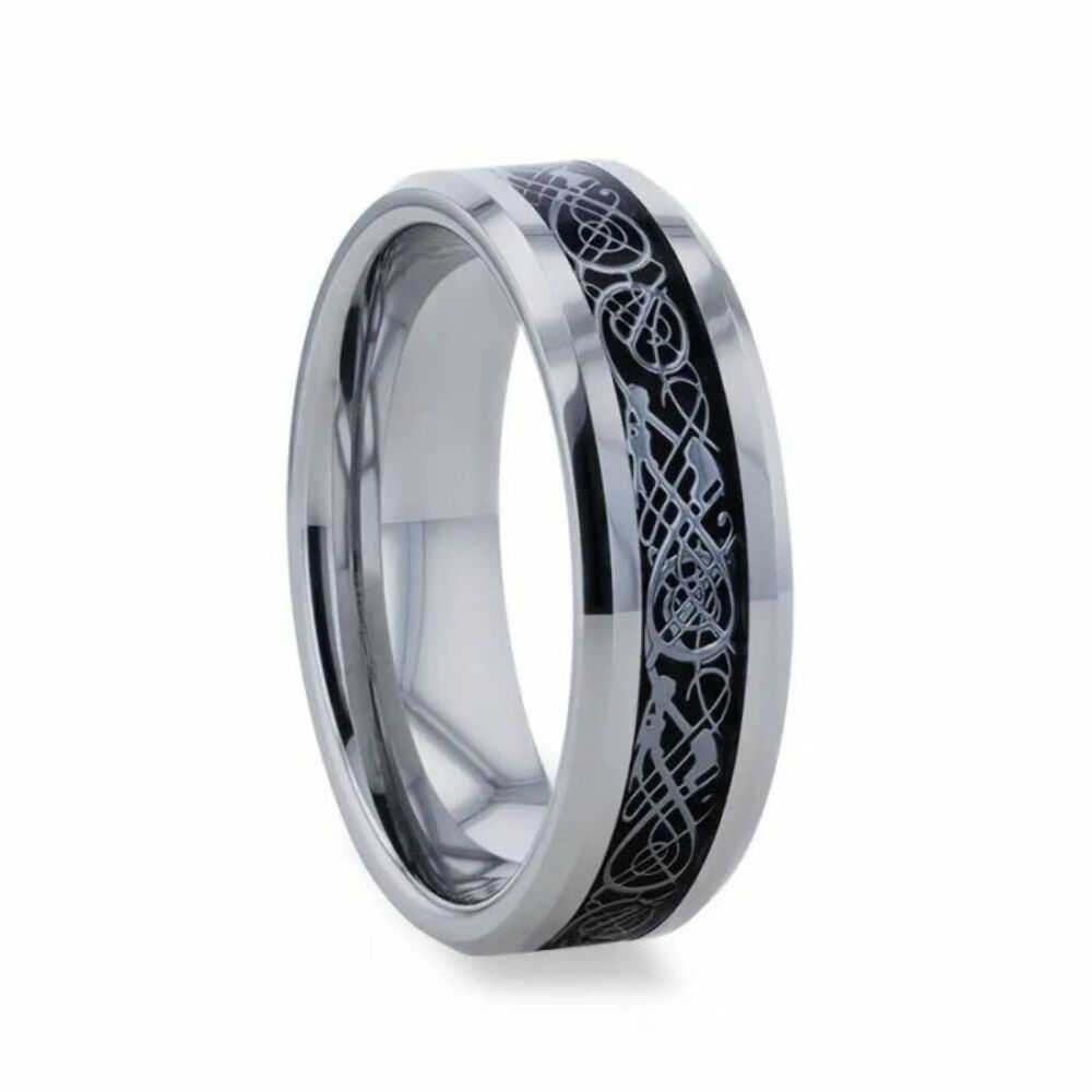 Mens Tungsten Carbide Metal Swirl Dragon Inlay Beveled Wedding Ring - 8mm Wide - Style name: SEPTARIAN