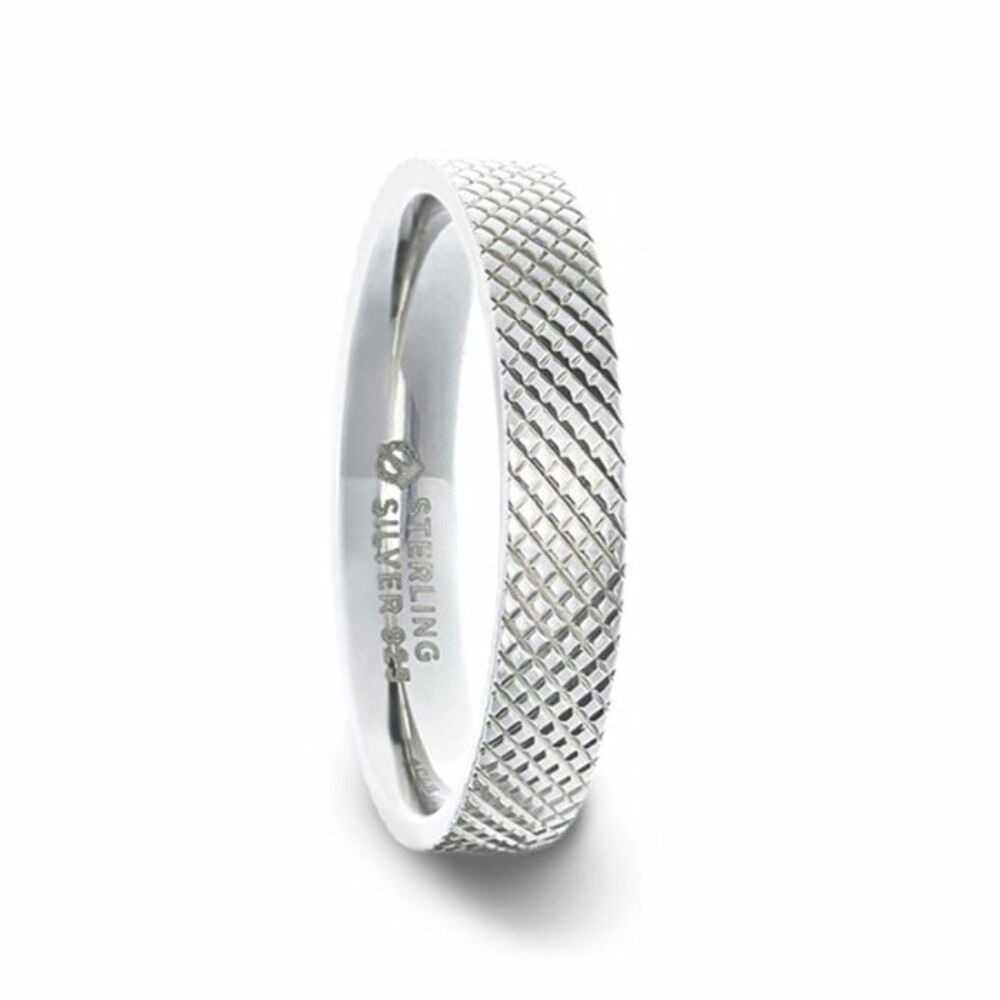 Mens Womens Silver Cross-Hatched Finish Wedding Ring - Flat Comfort Fit - 4mm 8mm Wide - Style name: NOBLE