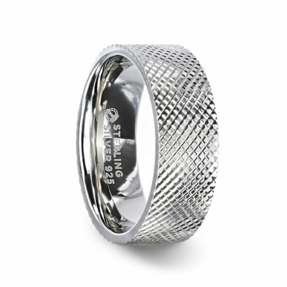 Mens Womens Silver Cross-Hatched Finish Wedding Ring - Flat Comfort Fit - 4mm 8mm Wide - Style name: NOBLE