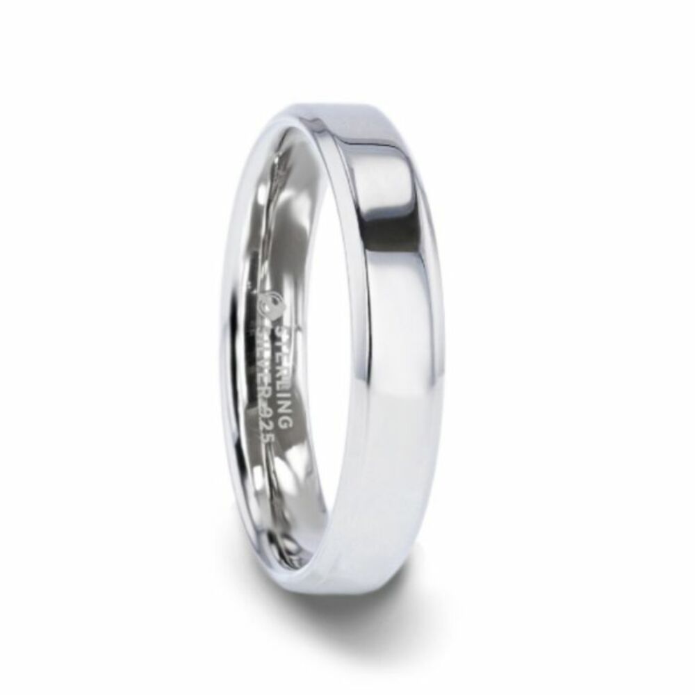 Mens Womens Silver polished Finish Flat Center Wedding Ring - Beveled Edges Comfort Fit - 4mm 8mm Wide - Style name: LUCID