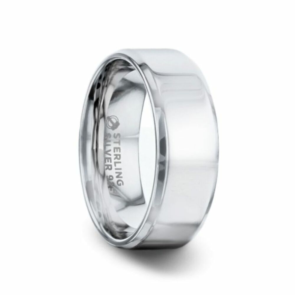 Mens Womens Silver polished Finish Flat Center Wedding Ring - Beveled Edges Comfort Fit - 4mm 8mm Wide - Style name: LUCID