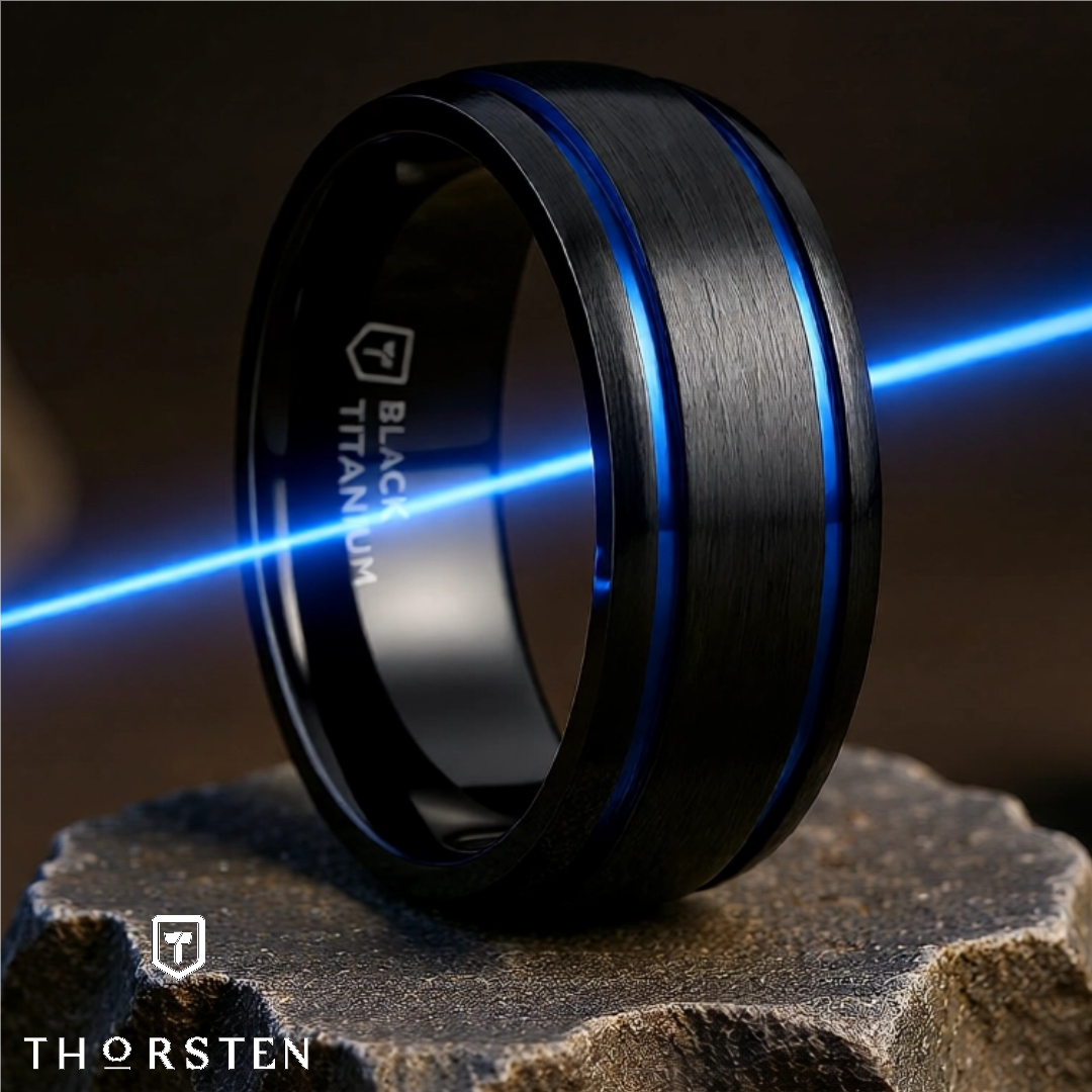 Mens Titanium Blue Grooves Domed Black Wedding Ring - Brushed Comfort Fit - 8mm Wide - Style name: SHERIFF